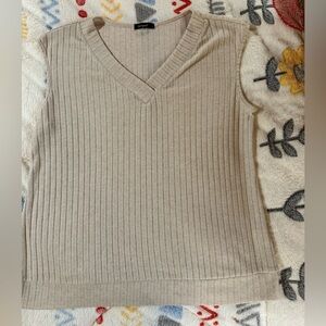 Sampeel Cream Ribbed V Neck Womens Tank Top Size LG Poly Rayon Spandex Stretch